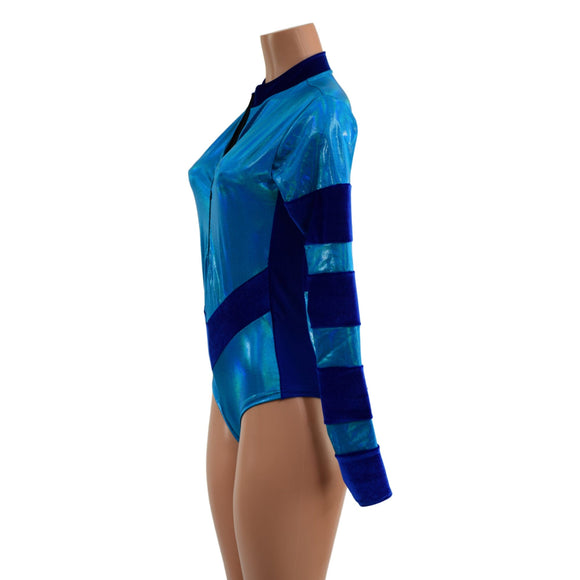 Peacock Holo and Sapphire Velvet V Front Color Blocked Stella Romper - Coquetry Clothing