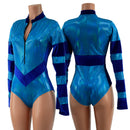 Peacock Holo and Sapphire Velvet V Front Color Blocked Stella Romper - Coquetry Clothing