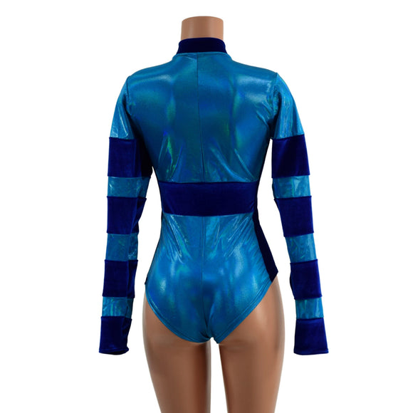 Peacock Holo and Sapphire Velvet V Front Color Blocked Stella Romper - Coquetry Clothing
