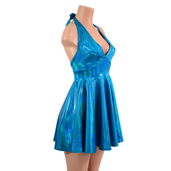 Peacock Holographic Halter Skater Dress - Coquetry Clothing