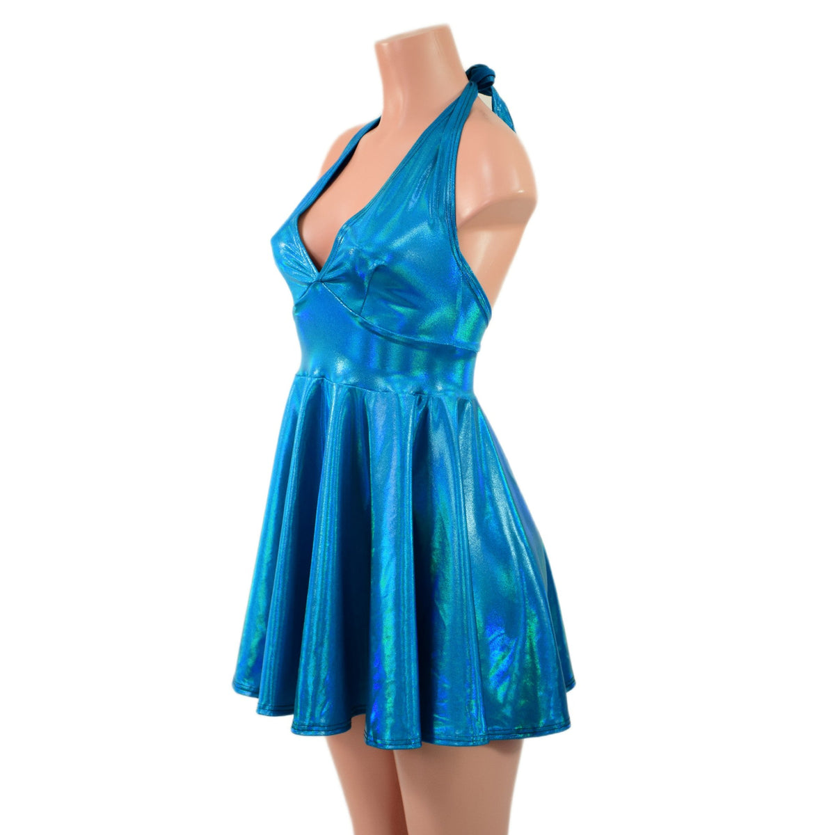 Peacock Holographic Halter Skater Dress