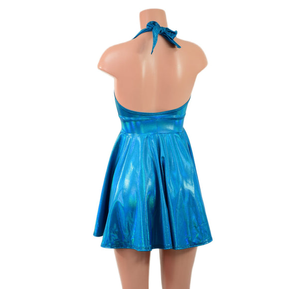 Peacock Holographic Halter Skater Dress - Coquetry Clothing