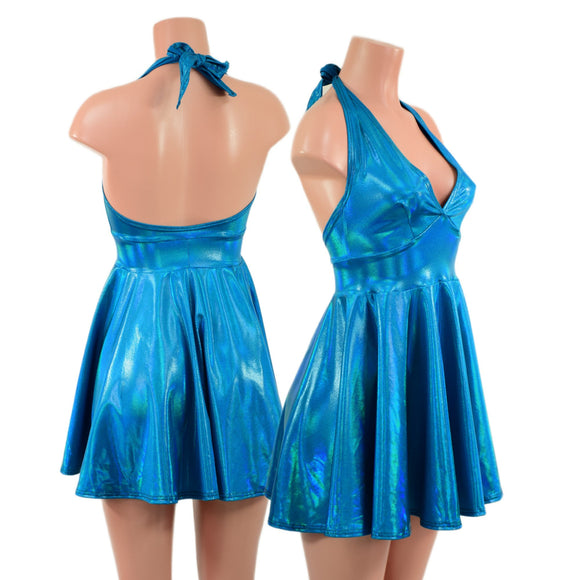 Peacock Holographic Halter Skater Dress - Coquetry Clothing
