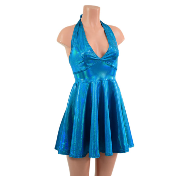 Peacock Holographic Halter Skater Dress - Coquetry Clothing