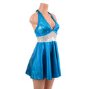Peacock Holographic Halter Skater Dress with White Kaleidoscope Waistband - Coquetry Clothing