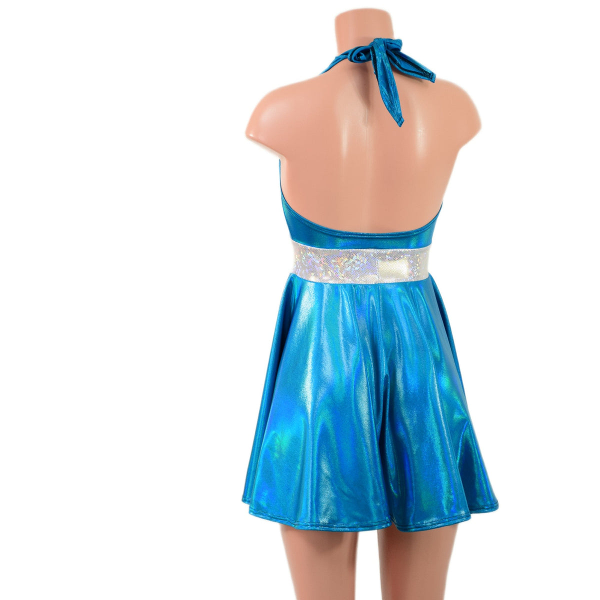 Peacock Holographic Halter Skater Dress with White Kaleidoscope Waistband