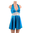 Peacock Holographic Halter Skater Dress with White Kaleidoscope Waistband - Coquetry Clothing
