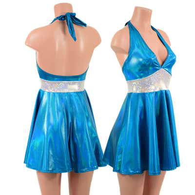 Peacock Holographic Halter Skater Dress with White Kaleidoscope Waistband - Coquetry Clothing