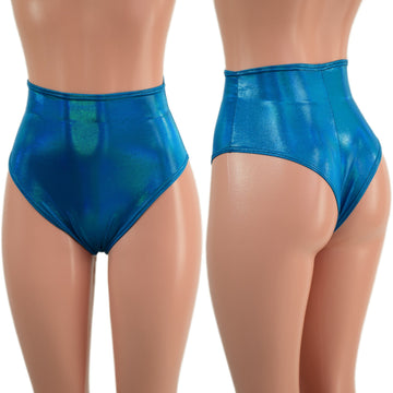 Peacock Holographic High Waist Siren Shorts with Brazilian Cut Leg - Coquetry Clothing