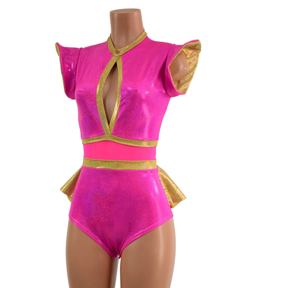 Pink Sparkly Jewel and Mesh Romper with Keyhole and Ruffle Rump - Coquetry Clothing