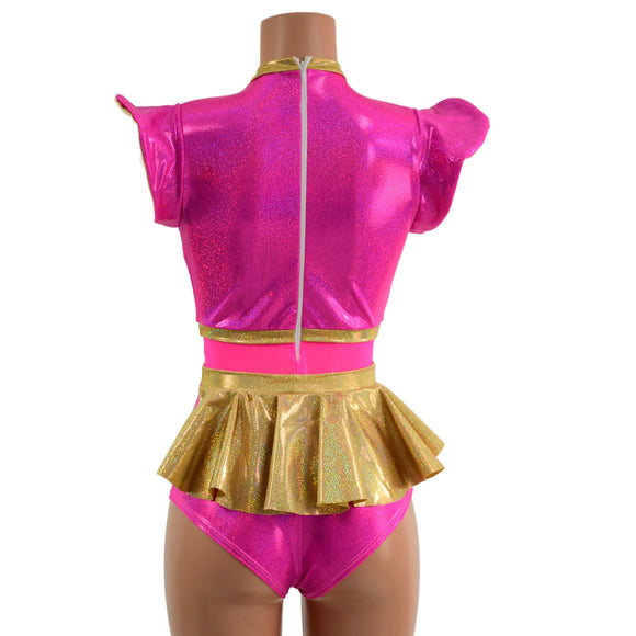 Pink Sparkly Jewel and Mesh Romper with Keyhole and Ruffle Rump - Coquetry Clothing