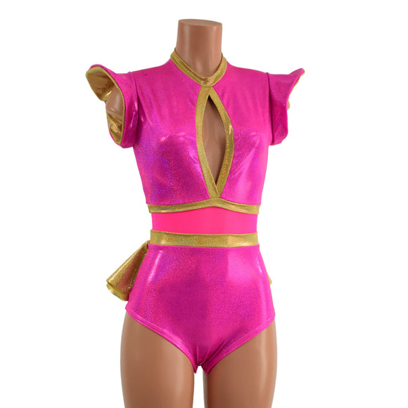 Pink Sparkly Jewel and Mesh Romper with Keyhole and Ruffle Rump - Coquetry Clothing