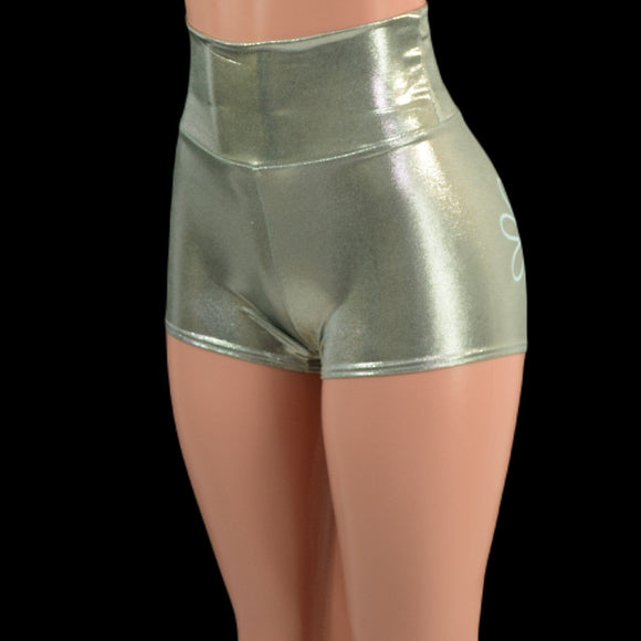 Platinum High Waist Shorts with Baby Blue Flowers - Coquetry Clothing