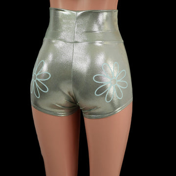 Platinum High Waist Shorts with Baby Blue Flowers - Coquetry Clothing