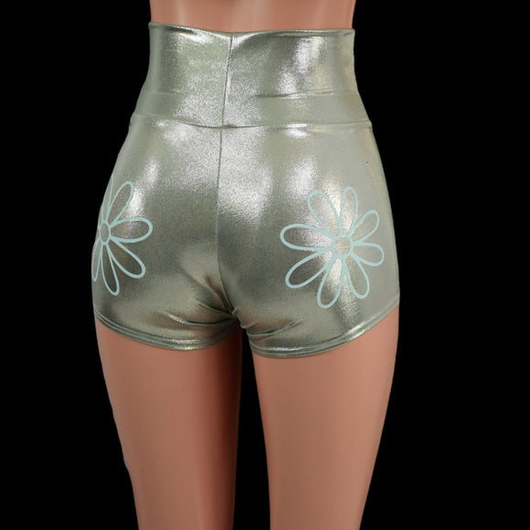 Platinum High Waist Shorts with Baby Blue Flowers - Coquetry Clothing