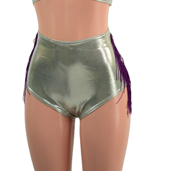 Platinum High Waist Siren Shorts with Fringe and Happy Daisy Vinyl - 3