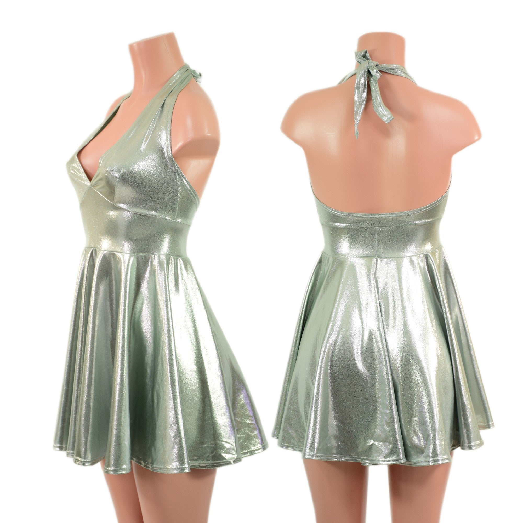 silver metallic halter dress Platinum Skater Crafted from a luxurious Size:M/L | fits size US 8-12 Gold Long Dresses One polkadotteddress