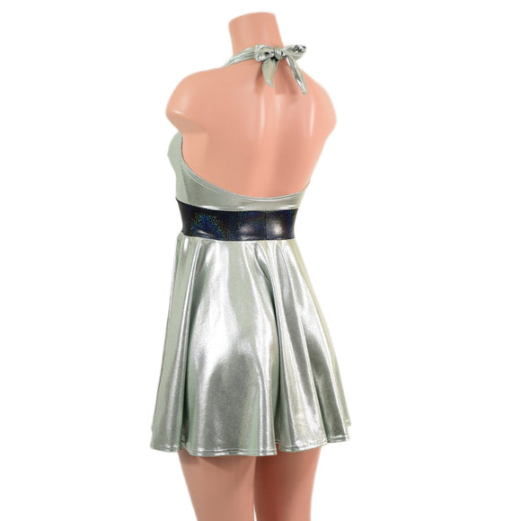 Platinum Metallic Halter Skater Dress with Black Holographic Waistband - Coquetry Clothing