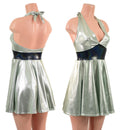 Platinum Metallic Halter Skater Dress with Black Holographic Waistband - Coquetry Clothing