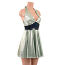 Platinum Metallic Halter Skater Dress with Black Holographic Waistband - Coquetry Clothing