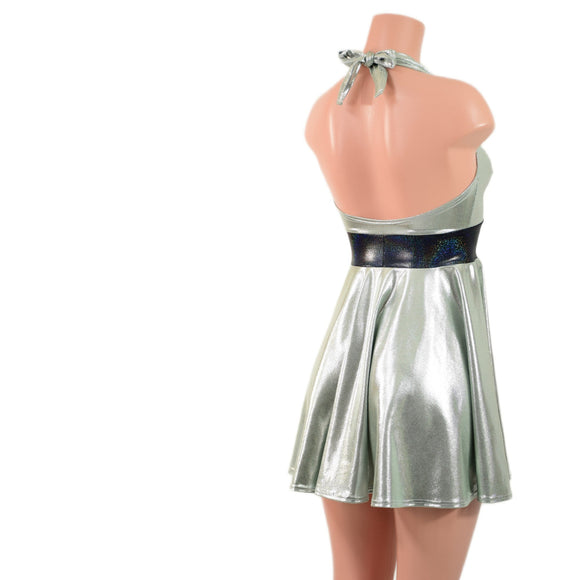 Platinum Metallic Halter Skater Dress with Black Holographic Waistband - Coquetry Clothing