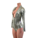 Platinum Metallic Long Sleeve Siren Romper with Plunging V Neckline - Coquetry Clothing