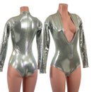 Platinum Metallic Long Sleeve Siren Romper with Plunging V Neckline - Coquetry Clothing