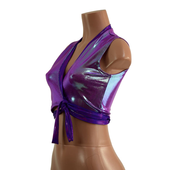 Plumeria and Grape Holographic Wrap & Tie Top with Contrast Trim - Coquetry Clothing