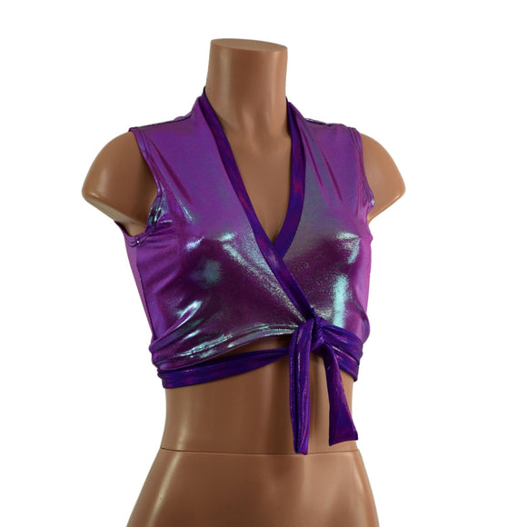 Plumeria and Grape Holographic Wrap & Tie Top with Contrast Trim - Coquetry Clothing