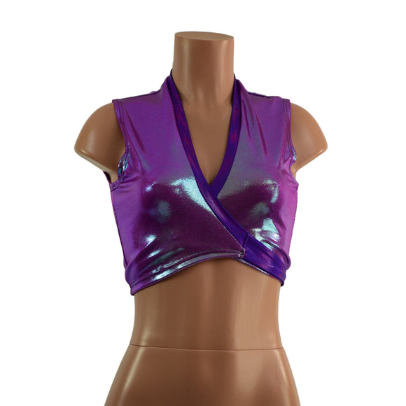 Plumeria and Grape Holographic Wrap & Tie Top with Contrast Trim - Coquetry Clothing