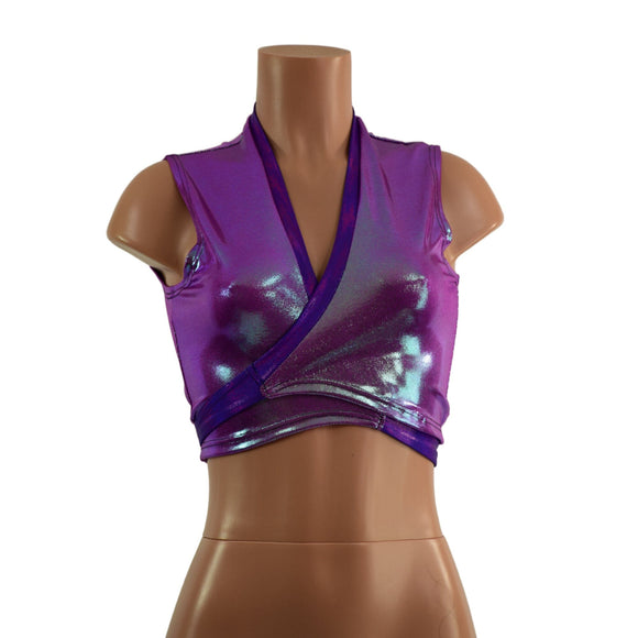 Plumeria and Grape Holographic Wrap & Tie Top with Contrast Trim - Coquetry Clothing