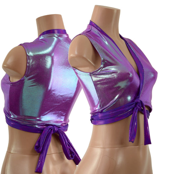 Plumeria and Grape Holographic Wrap & Tie Top with Contrast Trim - Coquetry Clothing