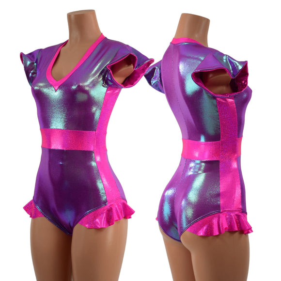 Plumeria and Pink Sparkly Jewel Flip Sleeve Paneled Romper - Coquetry Clothing