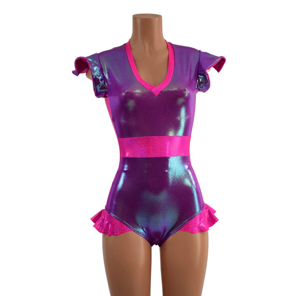 Plumeria and Pink Sparkly Jewel Flip Sleeve Paneled Romper - 2