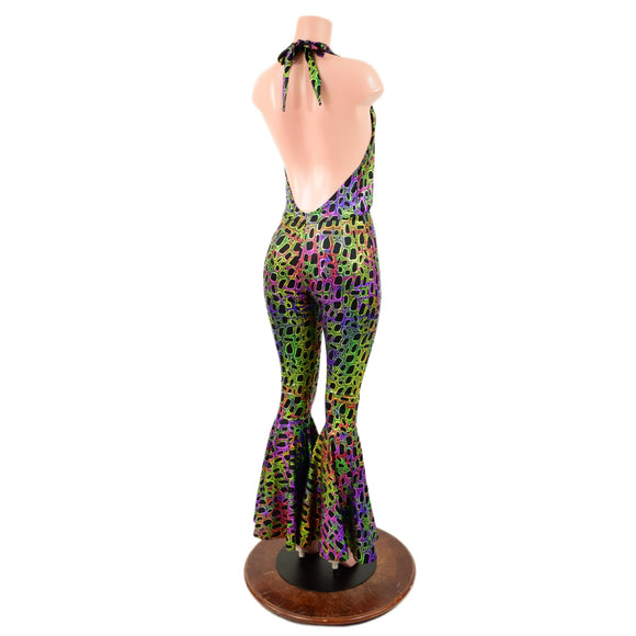 Poisonous Print Laceup Josie Halter Catsuit with Bell Bottoms - Coquetry Clothing