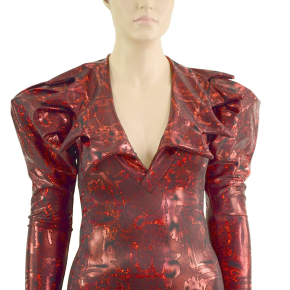 Primeval Red Bodycon Mini Dress with Victoria Sleeves - Coquetry Clothing