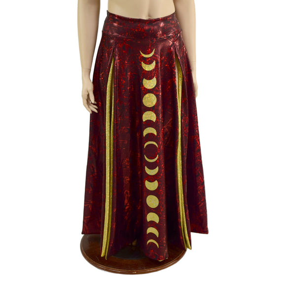 Primeval Red Double Split Skirt with Moon Phases and Gold Kaleidoscope Lining - Coquetry Clothing