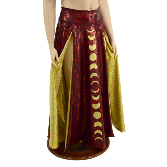 Primeval Red Double Split Skirt with Moon Phases and Gold Kaleidoscope Lining - Coquetry Clothing