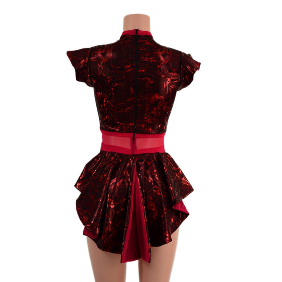 Primeval Red Romper with Inset Mesh Keyhole Neckline and Mini Tux Back Tails - Coquetry Clothing