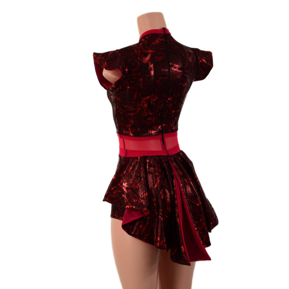 Primeval Red Romper with Inset Mesh Keyhole Neckline and Mini Tux Back Tails - Coquetry Clothing