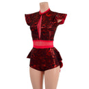 Primeval Red Romper with Inset Mesh Keyhole Neckline and Mini Tux Back Tails - Coquetry Clothing