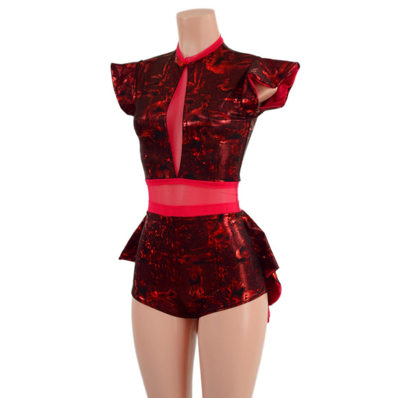 Primeval Red Romper with Inset Mesh Keyhole Neckline and Mini Tux Back Tails - Coquetry Clothing