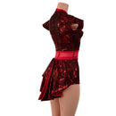 Primeval Red Romper with Inset Mesh Keyhole Neckline and Mini Tux Back Tails - Coquetry Clothing