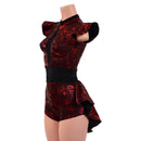 Primeval Red Romper with Mini Tux Back Tails, and Opaque Inset Keyhole - Coquetry Clothing