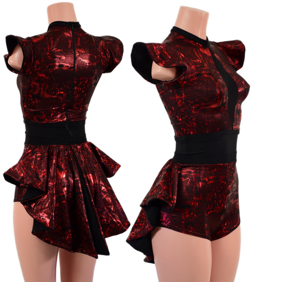 Primeval Red Romper with Mini Tux Back Tails, and Opaque Inset Keyhole - Coquetry Clothing