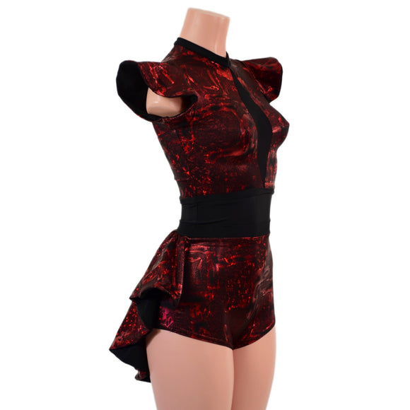 Primeval Red Romper with Mini Tux Back Tails, and Opaque Inset Keyhole - Coquetry Clothing
