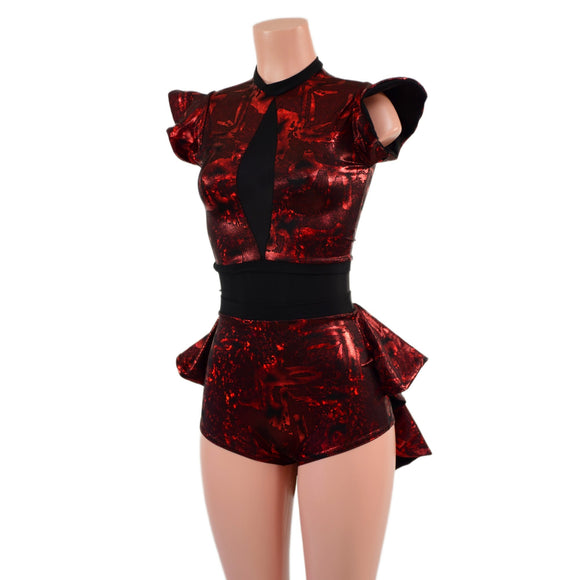 Primeval Red Romper with Mini Tux Back Tails, and Opaque Inset Keyhole - Coquetry Clothing