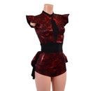 Primeval Red Romper with Mini Tux Back Tails, and Opaque Inset Keyhole - Coquetry Clothing