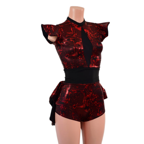 Primeval Red Romper with Mini Tux Back Tails, and Opaque Inset Keyhole - Coquetry Clothing