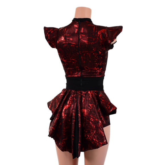 Primeval Red Romper with Mini Tux Back Tails, and Opaque Inset Keyhole - Coquetry Clothing